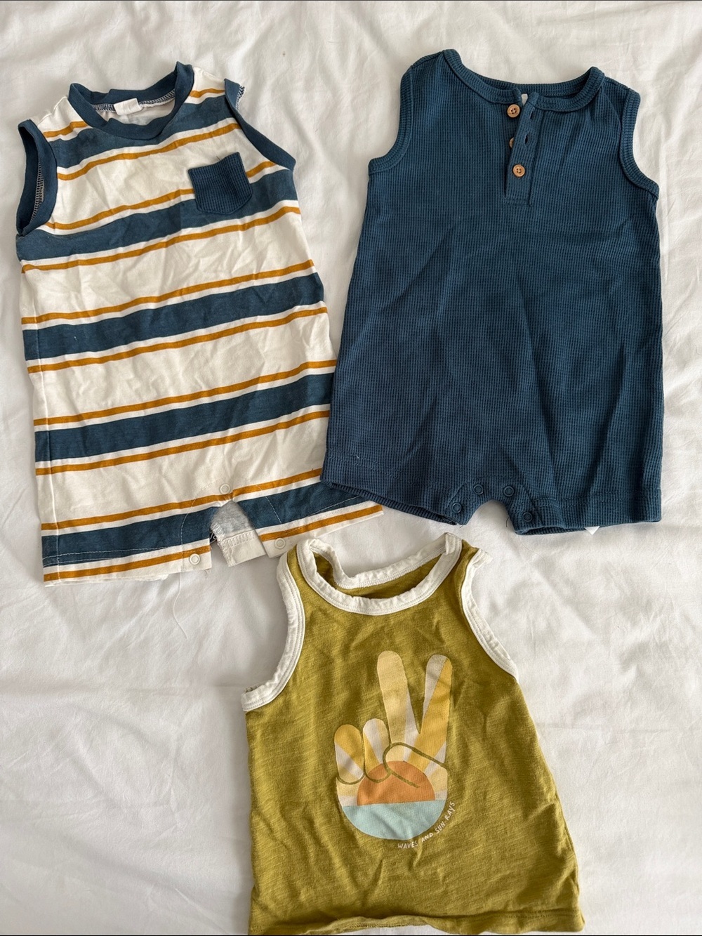Striped & Solid Sleeveless Baby Rompers - Blue, White & Olive baby 3-6months